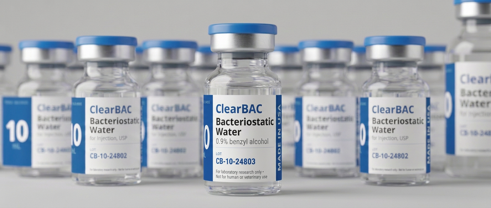 A case of ClearBAC 10 mL bacteriostatic water vials with one prominent in front
