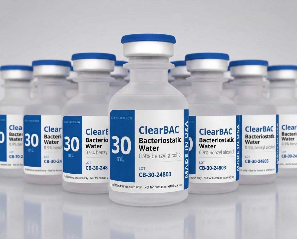 A case of ClearBAC bacteriostatic water vials with one prominent in front