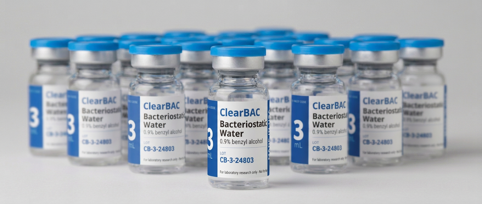 A case of ClearBAC 3 mL bacteriostatic water vials with one prominent in front